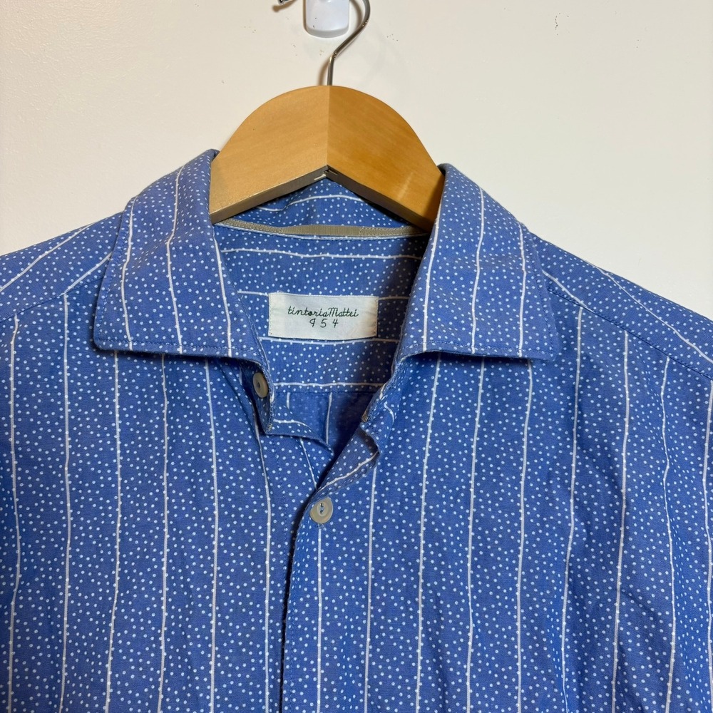Tintoria Mattei 954 Men Blue Stripe Polka Dot Slim Fit Shirt 39 15.5 L/S Made EU